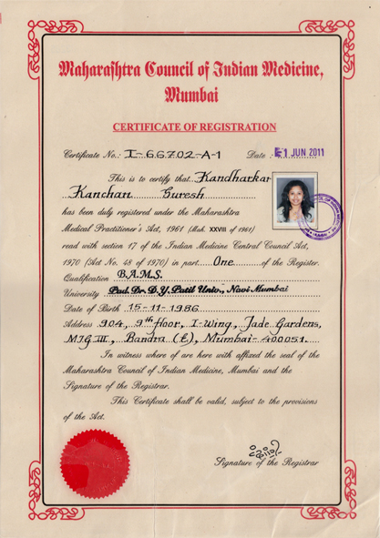 Certification of Ayurveda - Dr. Kanchan Chaugule